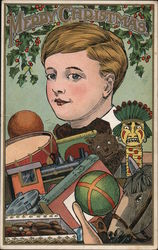 A Pile of Toys in front of a Young Boy and Holly Above Postcard