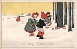 Children Gathering Evergreen in the Snow Postcard