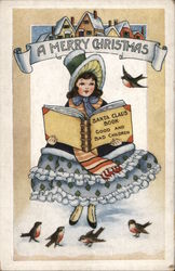 A Merry Christmas Girl Reading Santa Claus Book Good and Bad Children Postcard