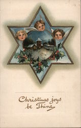 Christmas joys be Thine - Angels, Holly and Christmas Landscape in Star of David Postcard