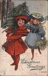 Christmas Greetings - Two Children Collecting Tree Postcard