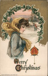 Merry Christmas - A Woman Walking Through Snow Postcard
