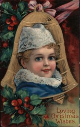 Loving Christmas Wishes - A Girl in Front of a Bell Postcard