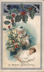 Santa Delivering Presents to Sleeping Child: Santa in Blue Suit Postcard