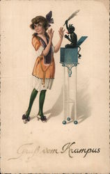 Girl Opens a Gift to Find Krampus Inside - Greetings From Krampus Postcard