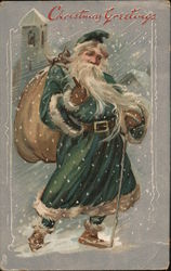Christmas Greetings - Santa Claus in Green Postcard