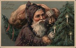 A Merry Christmas - Santa In Purple Lighting Tree Postcard
