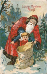 Loving Christmas Wishes: Santa Putting Boy in Toy Bag Postcard