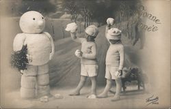 Children With Snowman: Bonne Annee Postcard