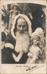 Papa Noel - A Somber Santa Sits with holding Toy Dolls Postcard
