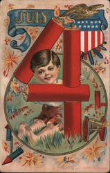 Boy Lighting Fireworks: July 4th Postcard