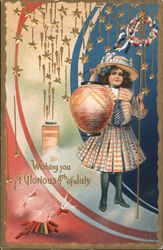Girl with Lit Lamp: Wishing You a Glorious 4th of July Postcard