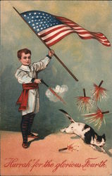 Boy Shooting Fireworks Holding Flag Postcard