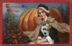 Pilgrim Girl and Pumpkin - Thanksgiving Day Greetings Postcard