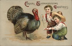 Two Boys Feeding Turkey-Cordial Thanksgiving Greetings Turkeys Ellen Clapsaddle Postcard Postcard Postcard