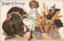 Girl Driving Turkey Cart - Thanksgiving Greetings Postcard