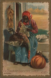 Black Woman Defeathering Turkey - Thanksgiving Day Postcard