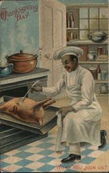 Black Cook Baking Turkey in Kitchen: Thanksgiving Day Postcard