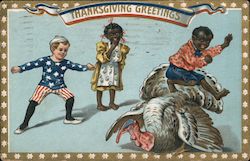 Children Playing With Turkey - Thanksgiving Greetings Postcard