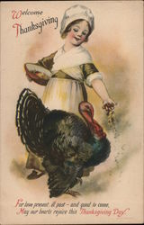 Girl Feeding Turkey - Welcome Thanksgiving Postcard