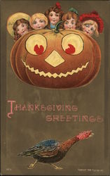 Children Hiding Behind Pumpkin-Thanksgiving Greetings Postcard