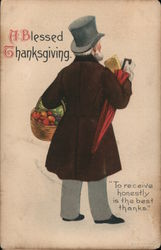 Man Bringing Home Groceries in Basket: A Blessed Thanksgiving Postcard