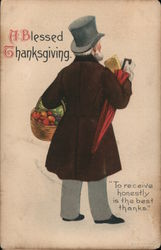 Man Bringing Home Groceries in Basket: A Blessed Thanksgiving Men Ellen Clapsaddle Postcard Postcard Postcard