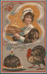 Woman Serving Thanksgiving Dinner - Thanksgiving Greetings Postcard