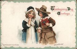 Thanksgiving Day Greetings - Two Pilgrim Children Pilgrims Frances Brundage Postcard Postcard Postcard