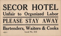 Union: Secor Hotel Unfair to Organized Labor Postcard
