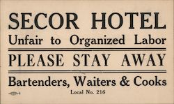 Union: Secor Hotel Unfair to Organized Labor Social History Postcard Postcard Postcard