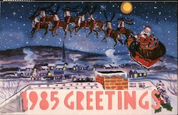 1985 Greetings: Santa and Sleigh with Reindeer Santa Claus Postcard Postcard Postcard