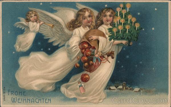 Three child angels with stars and snow