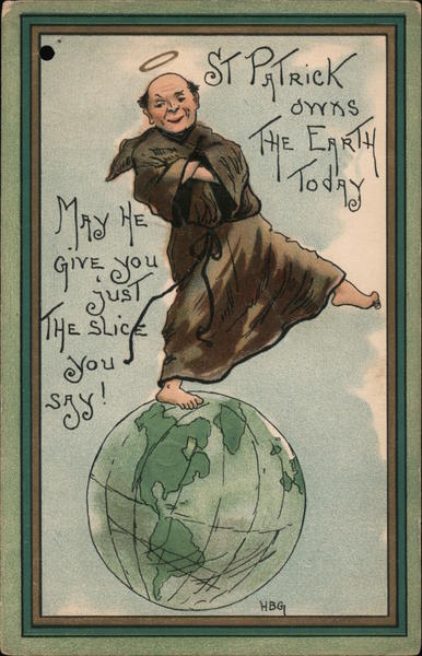 St Patrick-Man with halo balancing on globe of Earth