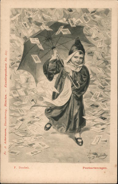 Child With Umbrella & Raining Postcards:Postkartenregen