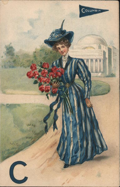 Columbia - Woman in Blue Stripped Dress with Red Flowers