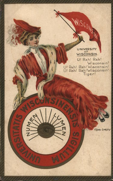 University of Wisconsin - Woman in Red Dress with College Flag and Seal