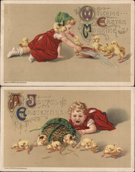 Set of 2: Girl with Easter Chicks With Children Samuel L. Schmucker Postcard Postcard Postcard