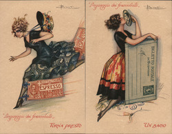 Set of 2: Fantasy Woman with Giant Letters, Stamps Artist Signed Adolfo Busi Postcard Postcard Postcard