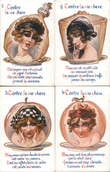 Set of 4: Fantasy French Women's Heads in Deserts, Fruits Postcard