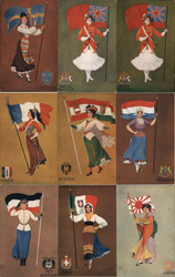 Set of 9: National Art Co. Women & National Flags Series Postcard