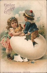 Easter Greetings - Girl holding chicks while boy climbs out of an egg Postcard