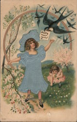 Happy New Year - Young girls outside with swallows Postcard