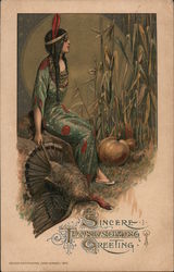 Sincere Thanksgiving Greetings - Indian Girl with Turkey & Pumpkin Postcard