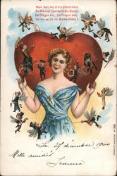 Woman With Men With Wings Flying Around Her Postcard