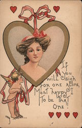 Woman Framed in Heart, Cupid Looking On Postcard