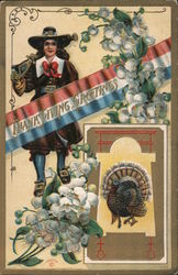 Thanksgiving Greetings Pilgrim and Turkey Pilgrims Postcard Postcard Postcard