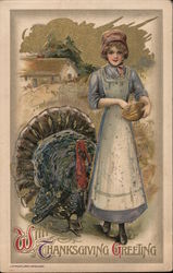 With Thanksgiving Greeting - Woman with Turkey Postcard
