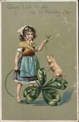 Good luck to you on St. Patrick's Day - Little girl with four leaf clover and a pig Postcard