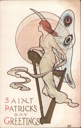 Art Nouveau Saint Patrick's Day Greets - Fairy with Harp, Moon Postcard